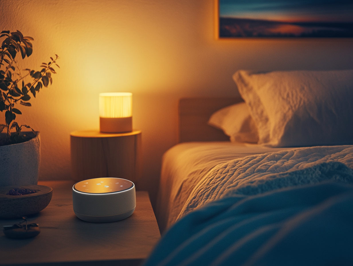 Sleep music playing in a peaceful bedroom setting for better sleep